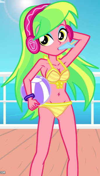 Size: 1164x2037 | Tagged: questionable, artist:dieart77, derpibooru import, lemon zest, equestria girls, arm behind head, armpits, beach ball, belly button, bikini, breasts, cameltoe, cleavage, clothes, cropped, cruise ship, female, food, image, looking at you, midriff, ocean, png, popsicle, solo, solo female, swimsuit