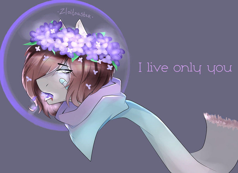 Size: 1280x931 | Tagged: safe, artist:zloitoaster, derpibooru import, oc, unofficial characters only, earth pony, pony, bubble helmet, bubble on head, bust, clothes, earth pony oc, eye clipping through hair, floral head wreath, flower, grammar error, hanahaki disease, image, jpeg, open mouth, scarf, solo, talking