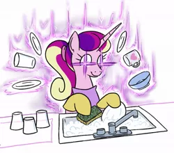 Size: 1083x954 | Tagged: safe, artist:jargon scott, derpibooru import, part of a set, princess cadance, alicorn, pony, cleaning, clothes, cup, dishes, female, gloves, glowing eyes, image, jpeg, magic, mare, ponytail, princess of love, sink, telekinesis