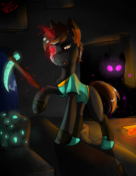 Size: 1095x1410 | Tagged: safe, artist:yuris, derpibooru import, oc, unofficial characters only, pony, unicorn, cave, endermare, image, lava, minecraft, png, solo