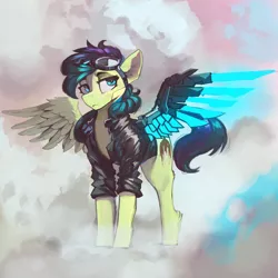 Size: 4000x4000 | Tagged: safe, artist:nsilverdraws, derpibooru import, oc, oc:adroga, unofficial characters only, pegasus, pony, amputee, artificial wings, augmented, clothes, female, image, jacket, leather jacket, png, prosthetic limb, prosthetic wing, prosthetics, solo, wings