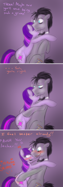 Size: 760x2250 | Tagged: suggestive, artist:jitterbugjive, derpibooru import, doctor whooves, time turner, twilight sparkle, earth pony, pony, unicorn, ask discorded whooves, ask miss twilight sparkle, ask, bipedal, bipedal leaning, blushing, bowtie, butt touch, comic, dialogue, discord whooves, discorded, doctwi, duo, female, grope, hoof on butt, hug, image, leaning, male, png, shipping, simple background, standing on two hooves, straight, unicorn twilight