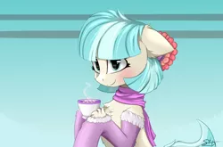 Size: 3250x2150 | Tagged: safe, artist:singovih, derpibooru import, coco pommel, earth pony, pony, blushing, clothes, cocobetes, coffee, cup, cute, female, food, image, looking at you, mare, png, scarf, simple background, sitting, smiling, socks, solo, teacup