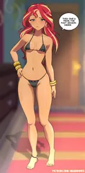 Size: 1730x3507 | Tagged: suggestive, artist:rambon7, derpibooru import, sunset shimmer, equestria girls, :/, anklet, barefoot, belly button, bikini, blushing, bracelet, breasts, busty sunset shimmer, cleavage, clothes, dialogue, eyelashes, feet, female, green eyes, hand on hip, image, jewelry, legs, micro bikini, narrowed eyes, patreon, png, raised eyebrow, reasonably sized breasts, solo, solo female, speech bubble, stupid sexy sunset shimmer, sunsex shimmer, swimsuit, text, thigh gap, thighs, thong swimsuit
