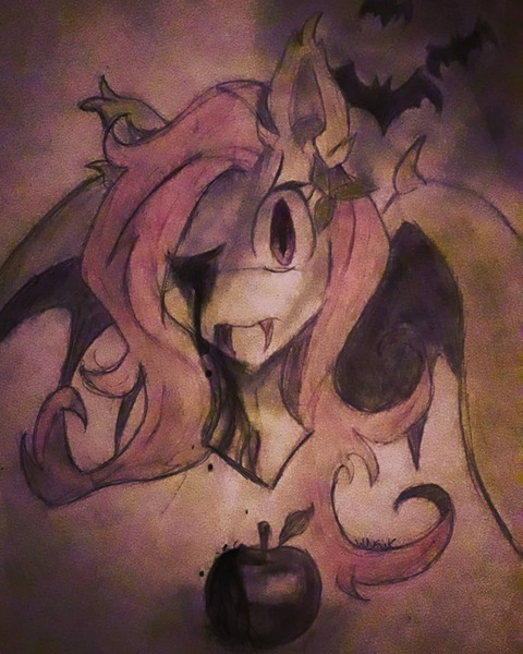 Size: 1080x1350 | Tagged: safe, artist:friskou_chan, derpibooru import, fluttershy, bat, bat pony, pony, apple, bat ponified, blood, bust, crying, female, flutterbat, food, image, jpeg, mare, one eye closed, race swap, tears of blood, traditional art, wink