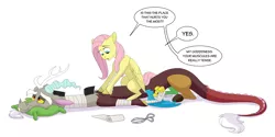 Size: 5000x2500 | Tagged: safe, artist:eveeka, derpibooru import, discord, fluttershy, draconequus, pegasus, pony, comic:the last adventure, bandage, comic, couple, discoshy, eyes open, female, happy, image, love, lying down, male, massage, misspelling, open mouth, png, shipping, sitting, smiling, straight