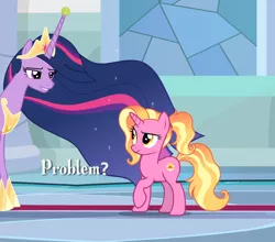 Size: 956x843 | Tagged: safe, derpibooru import, edit, edited screencap, editor:i-shooped-a-pwny, screencap, luster dawn, princess twilight 2.0, twilight sparkle, twilight sparkle (alicorn), alicorn, pony, unicorn, the last problem, confused, cropped, crown, duo, duo female, ethereal mane, faic, female, hoof shoes, horn, horn cap, horn guard, horn impalement, hornball, image, indoors, jewelry, mare, meme, older, older twilight, png, problem, regalia, smiling, starry mane, teeth, tennis ball