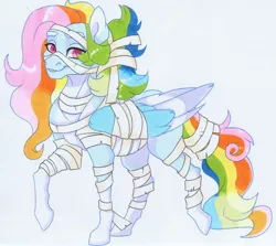 Size: 3408x3043 | Tagged: safe, artist:frozensoulpony, derpibooru import, oc, oc:pastel sails, pegasus, pony, clothes, costume, female, halloween, halloween costume, holiday, image, jpeg, mare, mummy costume, offspring, parent:double diamond, parent:rainbow dash, parents:doubledash, solo, traditional art