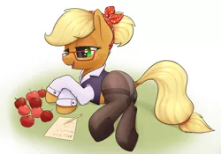 Size: 3223x2262 | Tagged: suggestive, alternate version, artist:whiskeypanda, derpibooru import, applejack, earth pony, pony, alternate hairstyle, apple, applebutt, bandana, butt, clothes, dock, female, food, glasses, image, lidded eyes, open mouth, panties, pantyhose, pencil, png, shirt, smiling, solo, solo female, stupid sexy applejack, textless version, underhoof, underwear