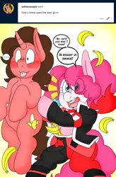 Size: 1477x2245 | Tagged: safe, artist:blackbewhite2k7, derpibooru import, pinkie pie, oc, oc:banana pie, ask, banana, bipedal, chest fluff, clothes, corset, costume, crossover, excited, food, harley quinn, image, lifting, makeup, parody, png, silly