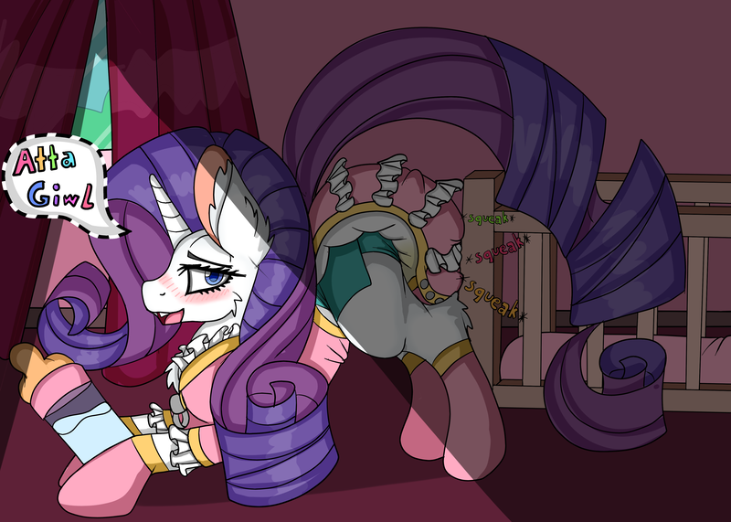 Size: 3961x2828 | Tagged: questionable, artist:cuddlelamb, derpibooru import, rarity, adult foal, baby bottle, blushing, clothes, crib, diaper, diaper fetish, female, fetish, foal bottle, frills, frilly, image, non-baby in diaper, onesie, onomatopoeia, pissing, png, poofy diaper, socks, solo, squeak, urine, wet diaper