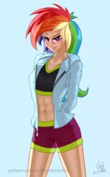 Size: 1200x1920 | Tagged: safe, artist:cherrymocaccino, artist:zuko42, derpibooru import, rainbow dash, human, art pack:music album 'e.g.8 themes', equestria girls, arm behind back, belly button, blue background, clothes, confident, denim shorts, female, hood, image, looking at you, midriff, multicolored hair, pink eyes, png, rainbow hair, raised eyebrow, shiny skin, shorts, simple background, smiling, smiling at you, solo, sports bra, sports shorts, tomboy, watermark