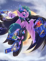 Size: 1600x2100 | Tagged: safe, artist:tikrs007, derpibooru import, oc, oc:sapphire night, ponified, unofficial characters only, alicorn, pony, alicorn oc, bayonetta, bayonetta (character), bayonetta 2, blaster, butt, clothes, cloud, commission, cosplay, costume, female, glasses, glowing horn, gun, handgun, high heels, horn, image, jewelry, levitation, love is blue, magic, mare, moon, night, night sky, plot, png, shoes, sky, solo, tail wrap, telekinesis, weapon, wings