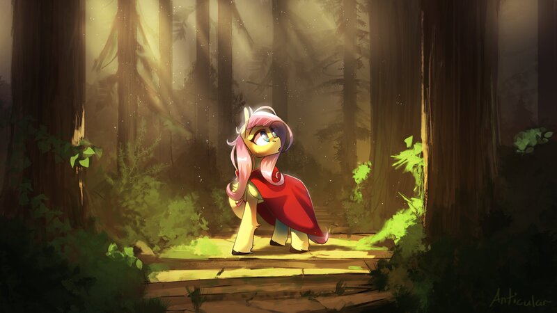 Size: 2560x1440 | Tagged: safe, artist:anticular, derpibooru import, fluttershy, pegasus, pony, crepuscular rays, female, forest, image, jpeg, little red riding hood, mare, open mouth, path, scenery, solo, tree