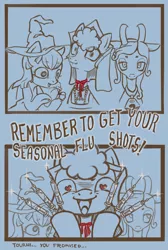 Size: 1514x2257 | Tagged: safe, artist:saby, derpibooru import, oc, oc:eerilee, oc:gossamer, oc:nurse tourniquet, unofficial characters only, earth pony, pony, spider, 2 panel comic, anne boleyn, bean brows, bell, choker, clothes, comic, costume, crazed, deadpan, derpibooru exclusive, disturbed, dress, excited, female, french hood, gable hood, grogar's bell, hat, headband, heart eyes, holding back, image, implied execution, implied grogar, jewelry, limited palette, lineart, manic grin, necklace, nightmare night, nightmare night costume, partial color, pet, png, shiny, sideways glance, syringe, trio, unnerving stare, vaccination, wingding eyes, witch hat