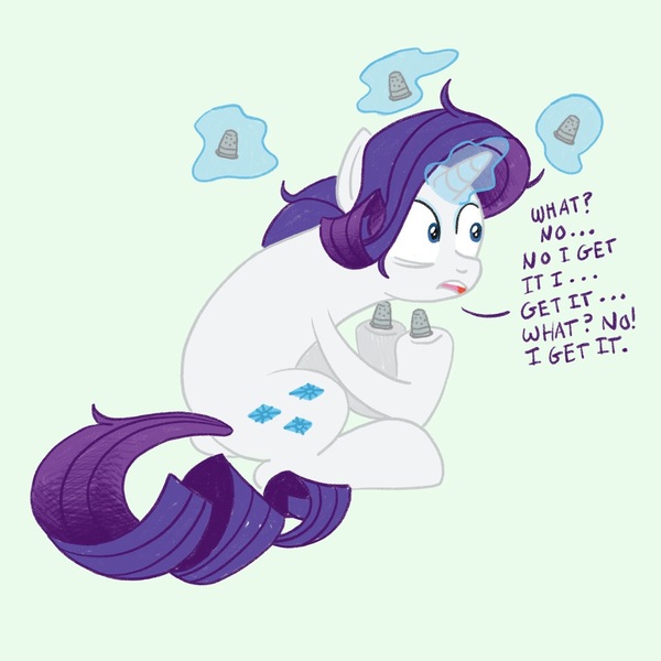 Size: 2000x2000 | Tagged: safe, artist:mediocremare, derpibooru import, rarity, pony, unicorn, glowing horn, horn, image, jpeg, magic, simple background, solo, telekinesis, thimble