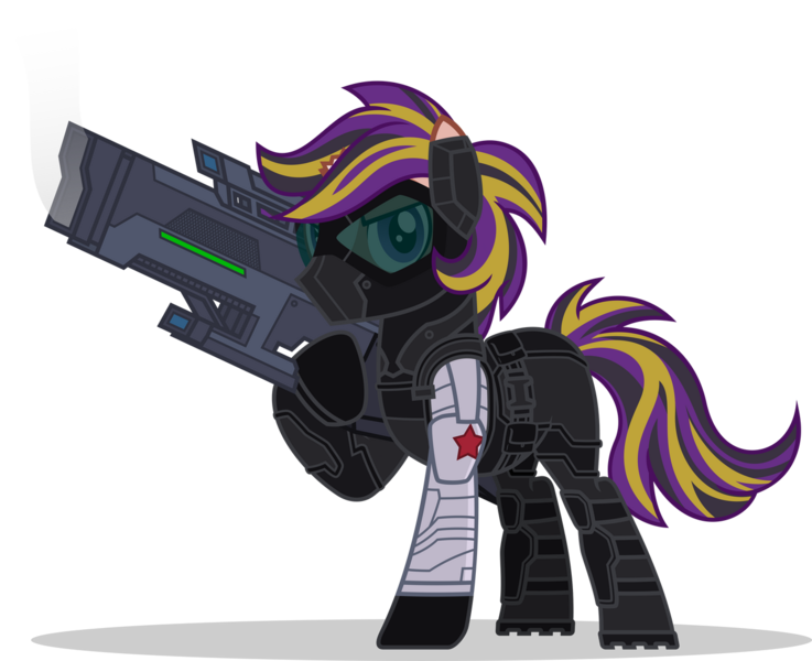 Size: 1280x1042 | Tagged: safe, artist:mlp-trailgrazer, derpibooru import, oc, oc:brass scribe, pony, armor, broken horn, horn, image, male, png, simple background, solo, stallion, transparent background, weapon, winter soldier