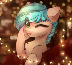 Size: 1758x1600 | Tagged: safe, artist:reterica, derpibooru import, oc, oc:ferris, unofficial characters only, pony, :p, abstract background, chest fluff, eye clipping through hair, eyebrows visible through hair, female, image, jpeg, mare, one eye closed, smiling at you, solo, string lights, tongue out, wink