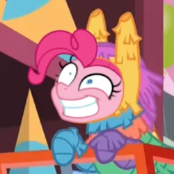 Size: 580x580 | Tagged: safe, derpibooru import, edit, edited screencap, editor:tcgamebot, screencap, pinkie pie, earth pony, pony, discordant harmony, crazy face, disguise, faic, female, gritted teeth, image, pinkñata, piñata, png, shopping cart, solo, store, teeth