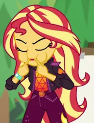 Size: 624x811 | Tagged: safe, derpibooru import, screencap, sunset shimmer, equestria girls, equestria girls series, sunset's backstage pass!, spoiler:eqg series (season 2), cropped, eyes closed, female, geode of empathy, image, magical geodes, music festival outfit, png, solo, whistling
