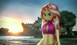 Size: 4096x2384 | Tagged: safe, artist:aryatheeditor, derpibooru import, sunset shimmer, equestria girls, adorasexy, beach, bedroom eyes, belly, belly button, bikini, bikini top, boob window, breasts, cleavage, clothes, cute, derpibooru exclusive, digital art, female, flower, geode of empathy, image, jpeg, looking at you, magical geodes, outfit, photo, real life background, sarong, sexy, shimmerbetes, skirt, sleeveless, solo, sunset, swimsuit, wallpaper