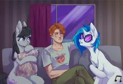 Size: 3273x2247 | Tagged: safe, artist:peachez, derpibooru import, octavia melody, vinyl scratch, oc, oc:benny yale, earth pony, unicorn, fanfic:crossing the trixie bridge, couch, fanfic art, image, png