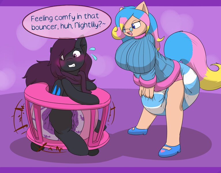 Size: 2300x1800 | Tagged: questionable, artist:sneaspeon, derpibooru import, oc, oc:cuddleshy, oc:night lily, anthro, bat pony, abdl, baby bouncer, big breasts, blushing, breasts, clothes, diaper, diaper fetish, female, fetish, gritted teeth, image, jpeg, messy diaper, milf, poofy diaper, sweat, sweatdrops, sweater, turtleneck