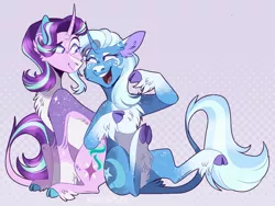 Size: 1350x1015 | Tagged: safe, artist:wanderingpegasus, derpibooru import, starlight glimmer, trixie, classical unicorn, pony, unicorn, alternate hairstyle, blaze (coat marking), chest fluff, cloven hooves, ear fluff, female, freckles, image, leg fluff, leonine tail, lesbian, markings, open mouth, pale belly, png, purple background, raised hoof, raised leg, redesign, shipping, simple background, sitting, socks (coat marking), startrix, unshorn fetlocks