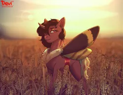 Size: 1600x1244 | Tagged: safe, artist:dodo, derpibooru import, oc, oc:flechette, unofficial characters only, changeling, insect, moth, mothling, original species, image, png, red changeling, solo, species swap, wheat field