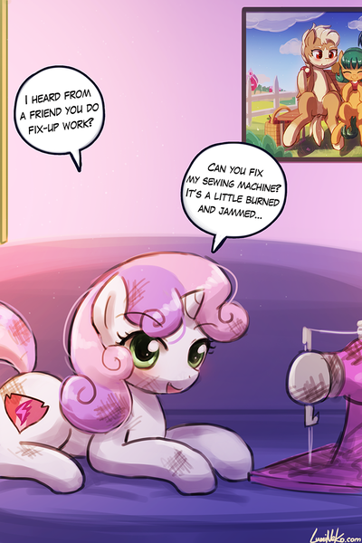 Size: 750x1125 | Tagged: suggestive, artist:lumineko, derpibooru import, part of a set, sweetie belle, oc, oc:jade bangs, oc:ruby rustfeather, pony, burn marks, burned, explicit source, female, filly, image, open mouth, png, sewing machine, solo, solo female, speech bubble