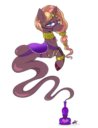 Size: 1179x1538 | Tagged: safe, artist:deltafairy, derpibooru import, oc, oc:zirithustra, unofficial characters only, genie, genie pony, pony, unicorn, bottle, bracelet, bridle, ear piercing, earring, female, floating, hairband, horn, horn ring, image, jewelry, locket, looking at you, mare, neck rings, piercing, png, ring, saddle, simple background, smiling, solo, tack, transparent background