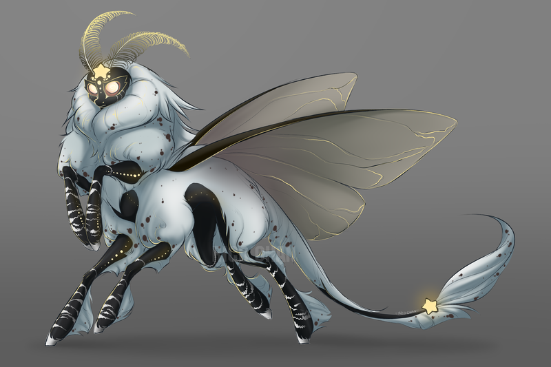 Size: 4443x2958 | Tagged: safe, artist:rico_chan, derpibooru import, oc, ponified, insect, moth, mothpony, original species, pony, fluffy, glowing eyes, hexapod, high res, hoof fluff, image, long tail, png, reference, six legs, solo, stars, wings