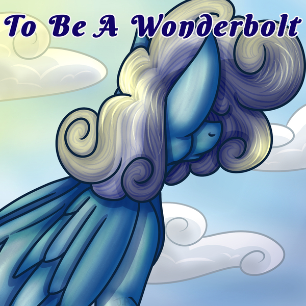 Size: 1500x1500 | Tagged: safe, artist:janeander, derpibooru import, oc, oc:heavy rain, unofficial characters only, pegasus, pony, fanfic:to be a wonderbolt, cloudy mane, commissioner:genki, cover art, cumulonimbus mane, fanfic art, fanfic character, female, image, jpeg, mare, pegasus oc, solo, swirly mane, text, weather control pegasi, wings, wonderbolts