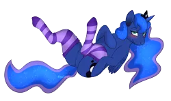 Size: 4000x2365 | Tagged: suggestive, artist:fightmeatpax, derpibooru import, princess luna, alicorn, pony, bedroom eyes, bellyrubs, blushing, clothes, cutie mark, digital art, female, image, looking at you, png, simple background, smiling, socks, solo, striped socks, tail, transparent background, wings