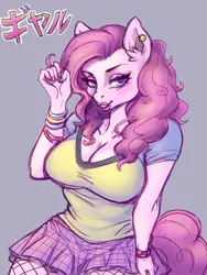 Size: 1200x1600 | Tagged: suggestive, artist:noupie, derpibooru import, pinkie pie, anthro, big breasts, breasts, busty pinkie pie, clothes, gyaru, image, japanese, jpeg, moon runes, shirt, skirt, solo