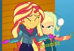 Size: 960x670 | Tagged: suggestive, artist:thedarkpony, derpibooru import, edit, edited screencap, screencap, applejack, sunset shimmer, equestria girls, equestria girls series, holidays unwrapped, spoiler:eqg series (season 2), clothes, female, fetish, image, implied pissing, implied urine, implied wetting, onomatopoeia, pee edit, peeing in pants, png, urine, watersports, winter break-in, winter outfit