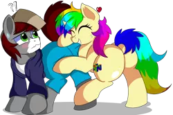 Size: 7400x4900 | Tagged: safe, artist:rainbowtashie, author:bigonionbean, derpibooru import, oc, oc:khaki-cap, oc:rainbow tashie, earth pony, pony, blushing, butt, clothes, commissioner:bigonionbean, cutie mark, embarrassed, female, flank, hat, image, jean thicc, male, mare, pants, plot, png, simple background, stallion, sweat, transparent background