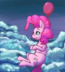 Size: 2048x2280 | Tagged: safe, artist:dummyhorse, derpibooru import, pinkie pie, earth pony, pony, balloon, cloud, female, floating, flying, high res, image, jpeg, looking away, looking up, mare, night, outdoors, sky, smiling, solo, stars, then watch her balloons lift her up to the sky