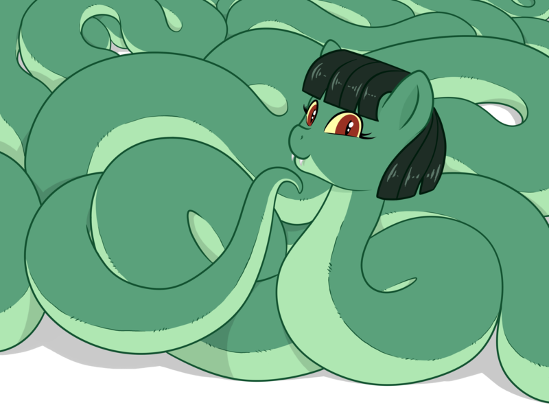 Size: 4032x3024 | Tagged: safe, artist:wispy tuft, derpibooru import, oc, oc:tija, original species, snake, snake pony, fangs, female, image, long, pale belly, png, smiling, smiling at you, snek, solo, strange waifus, thinking, thonk