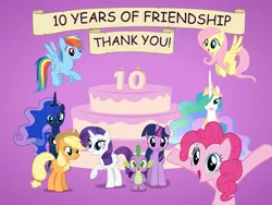 Size: 2000x1500 | Tagged: safe, artist:ursamanner, derpibooru import, applejack, fluttershy, pinkie pie, princess celestia, princess luna, rainbow dash, rarity, spike, twilight sparkle, alicorn, dragon, earth pony, pegasus, unicorn, birthday cake, cake, cakelestia, candle, food, happy, happy birthday mlp:fim, image, mane seven, mane six, mlp fim's tenth anniversary, png, scroll, simple background, smiling, thank you, that princess sure does love cake