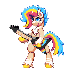Size: 512x512 | Tagged: safe, artist:bitassembly, derpibooru import, oc, oc:rocket pop, unofficial characters only, earth pony, pony, animated, female, gif, guitar, image, musical instrument, pixel art, simple background, solo, transparent background
