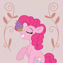 Size: 4000x4000 | Tagged: safe, artist:pink-pone, derpibooru import, pinkie pie, earth pony, pony, abstract background, chest fluff, cupcake, eyes closed, female, food, grin, image, mare, png, ponies balancing stuff on their nose, raised hoof, smiling
