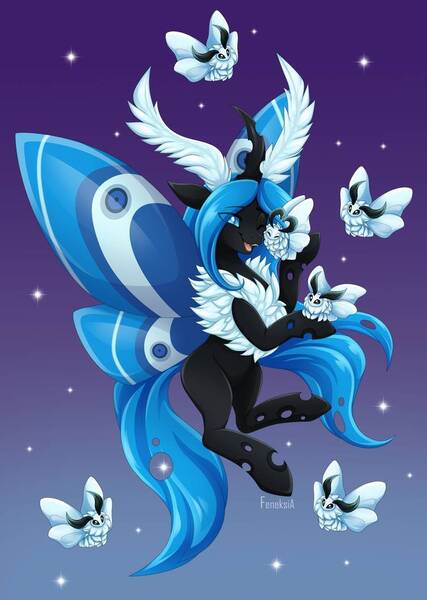 Size: 754x1060 | Tagged: safe, artist:feneksia, derpibooru import, oc, oc:moxithya, unofficial characters only, changeling, insect, moth, mothling, mothpony, original species, blue changeling, cheek rub, flying, image, jpeg, species swap