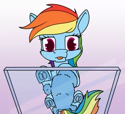 Size: 1400x1281 | Tagged: safe, artist:dacaoo, derpibooru import, rainbow dash, pegasus, pony, :p, behaving like a cat, belly, fluffy, frog (hoof), glass table, image, looking at you, looking down, looking down at you, low angle, lying down, png, ponyloaf, prone, sitting on glass, solo, tongue out, underhoof, worm's eye view