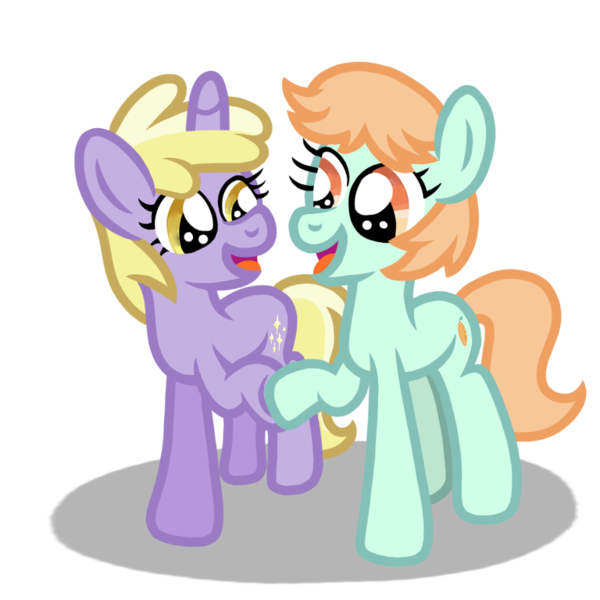 Size: 768x768 | Tagged: safe, artist:brandrewburrito, derpibooru import, dinky hooves, peach fuzz, earth pony, pony, unicorn, ask, ask peach fuzz and dinky doo, cute, cutie mark, diapeaches, dinkabetes, duo, duo female, excited, female, filly, food, friends, happy, high five, hoof hold, hoofbump, image, open mouth, peach, png, shadow, simple background, smiling, sparkles, transparent background