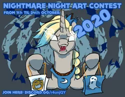 Size: 1167x905 | Tagged: safe, artist:firelorda2, derpibooru import, oc, oc:orenda azure, unofficial characters only, bat, pony, unicorn, bag, candy bag, contest, discord (program), glowing eyes, hoof hold, image, link in description, nightmare night, png, sombra eyes