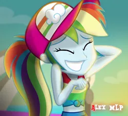 Size: 1128x1024 | Tagged: source needed, safe, artist:alex mlp, derpibooru import, edit, edited screencap, screencap, rainbow dash, equestria girls, equestria girls series, spring breakdown, spoiler:eqg series (season 2), armpits, baseball cap, cap, cruise outfit, cute, dashabetes, eyes closed, female, hat, image, png, sleeveless, solo