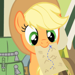 Size: 250x250 | Tagged: safe, derpibooru import, edit, screencap, applejack, granny smith, earth pony, pony, somepony to watch over me, animated, applejack's hat, blinking, cowboy hat, cropped, cute, female, gif, happy, hat, image, jackabetes, loop, map, mare, mouth hold, nom, reversed, smiling, solo focus