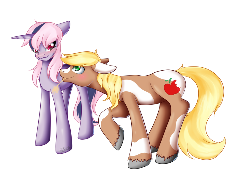 Size: 2250x1750 | Tagged: safe, artist:grace-likes-cake, derpibooru import, oc, oc:apple crunch, oc:comet star, unofficial characters only, earth pony, pony, unicorn, blushing, duo, female, floppy ears, image, looking at each other, male, mare, offspring, parent:applejack, parent:flash sentry, parent:twilight sparkle, parents:flashlight, png, simple background, stallion, straw in mouth, transparent background, unshorn fetlocks