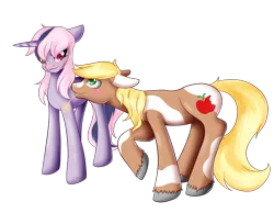 Size: 2250x1750 | Tagged: safe, artist:grace-likes-cake, derpibooru import, oc, oc:apple crunch, oc:comet star, unofficial characters only, earth pony, pony, unicorn, blushing, duo, female, floppy ears, image, looking at each other, male, mare, offspring, parent:applejack, parent:flash sentry, parent:twilight sparkle, parents:flashlight, png, simple background, stallion, straw in mouth, transparent background, unshorn fetlocks